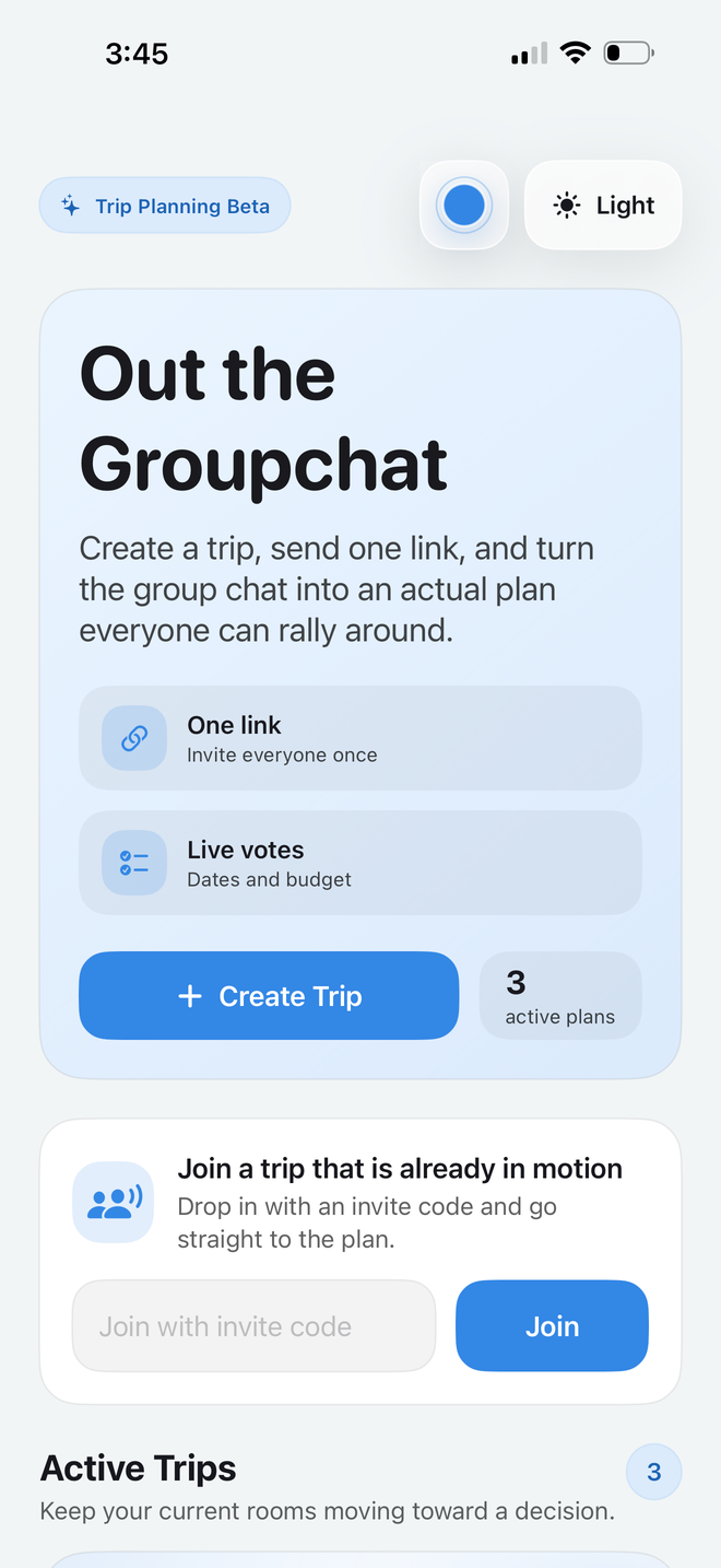 Out the Groupchat home screen with create trip and join invite controls
