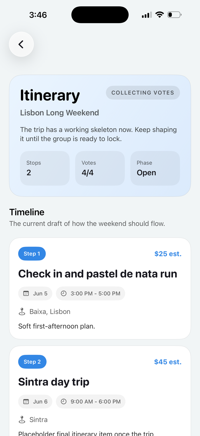 Itinerary screen with timeline steps and estimated costs