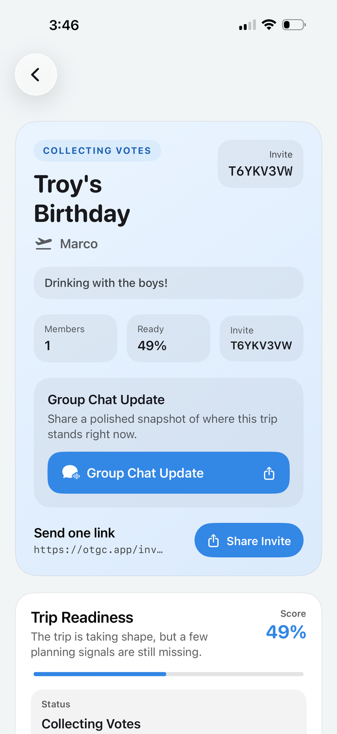Trip dashboard screen showing invite code, readiness score, and share invite button