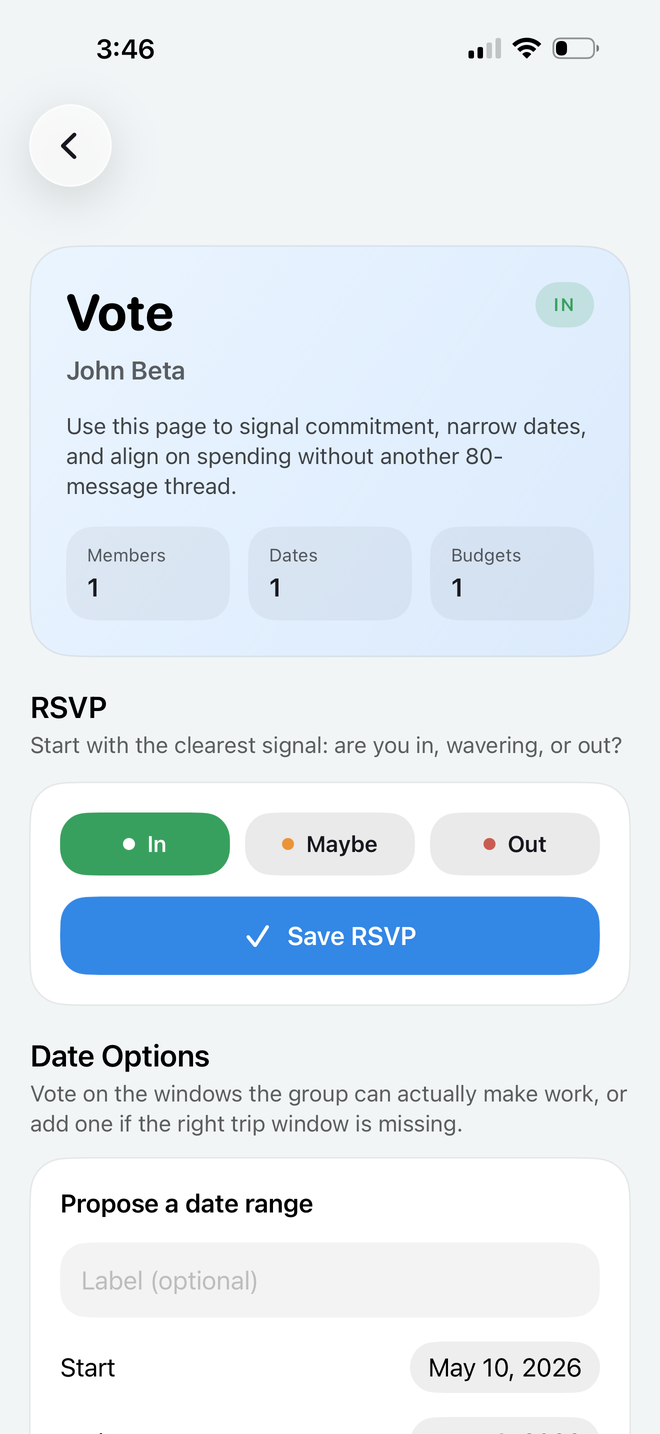 Vote screen for RSVP, date options, and group planning signals