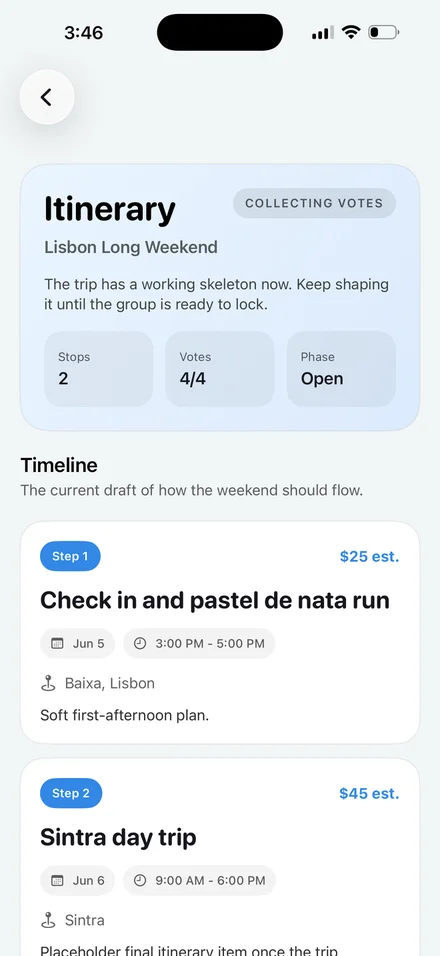 Out the Groupchat app showing a shared trip itinerary